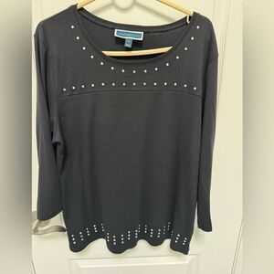 Karen Scott Black Long Sleeve Top with Silver Stud Accents Front, Size XL, NWOT